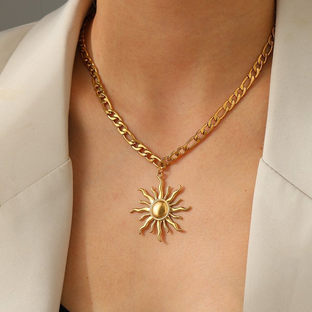 Sunflower Pendant Figaro Necklace Women Gold Tone 304 Stainless Steel New